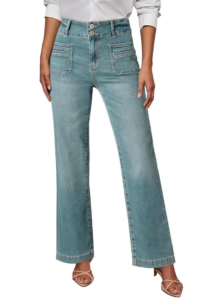 Women's Sky Blue Tummy Control Stretchy Cotton Blend Zip Up Straight Leg Jeans